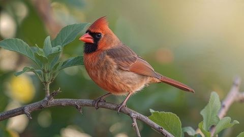 Female Northern Cardinal Perched on Branch in Lush Garden