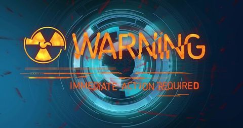 Pulsing digital warning alert with radiation symbol on futuristic hud interface