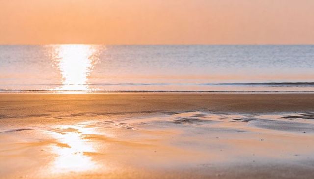 Sunlit wet sand reflecting pastel sunrise on low-tide beach with shimmering shoreline