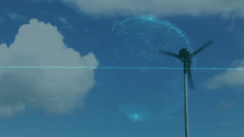 Wind Turbine with Digital Data Overlay Symbolizing Global Energy