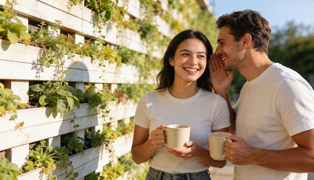 Couple sharing secret while enjoying morning coffee beside sunlit vertical herb garden