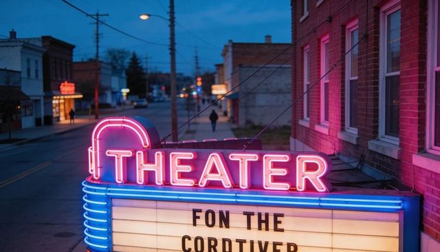 Neon theater marquee glowing at dusk on small-town main street with retro letterboard