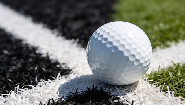 White golf ball resting on boundary line between green and black artificial turf close-up
