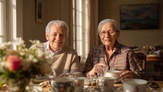 Senior couple sipping tea at sunlit dining table sharing warm morning conversation
