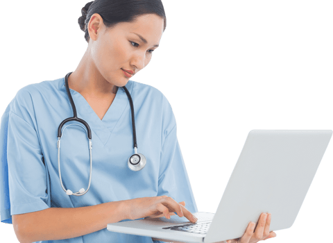 Transparent Medical Professional Using Laptop in Hospital Environment