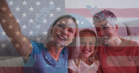 Happy Family Celebrating with American Flag Overlay