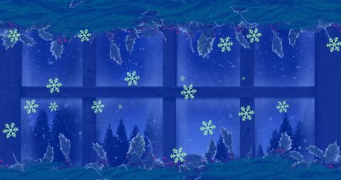 Snowfall Outside Christmas Decorated Window with Pine Branches and Holly