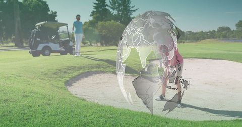 Golf Enthusiast Swinging Club in Sand Bunker with Earth Overlay