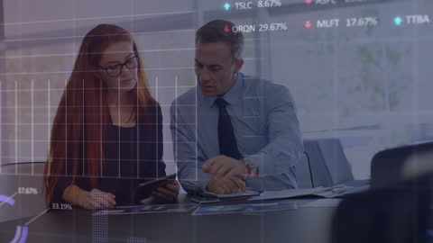 Business Colleagues Discussing Financial Analytics with Digital Overlay