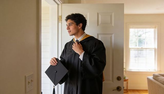 Young graduate standing at doorway adjusting hood holding mortarboard, contemplative moment