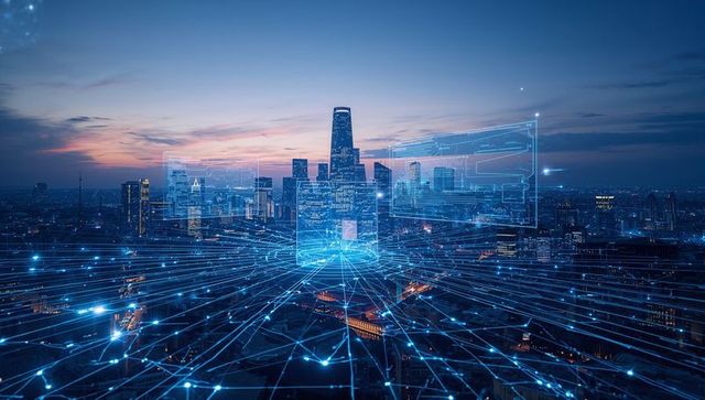 Futuristic Technology Network over Modern City Skyline at Dusk