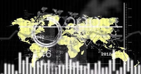 Displaying Global Data Visualization Interface Yellow World Map and HUD Analytics