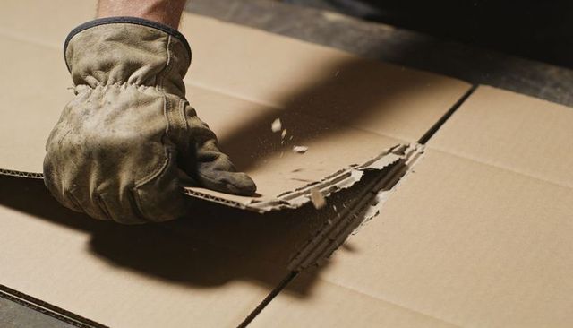 Leather-Gloved Hand Tearing Corrugated Cardboard on Workshop Bench with Debris