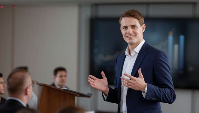 Confident presenter delivering speech in modern boardroom