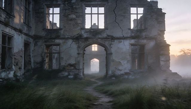 Misty ruined manor showing arched doorway, broken windows and overgrown path at dawn