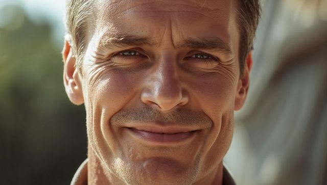 Sunlit smiling middle-aged man closeup showing natural wrinkles and relaxed confident gaze