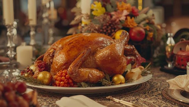Roasted turkey at festive holiday table with seasonal decor