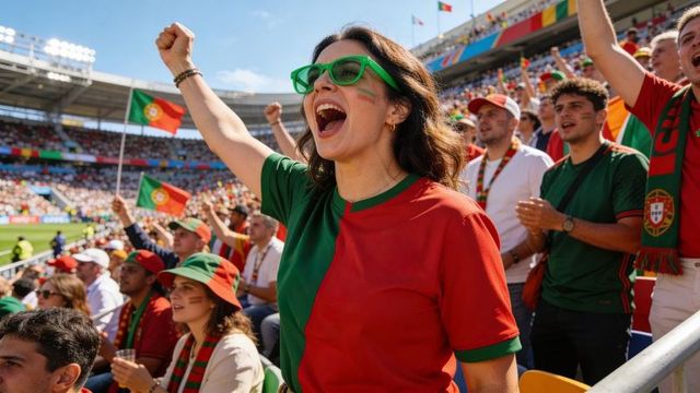 Passionate portugal fan cheering in stadium with green sunglasses and flag