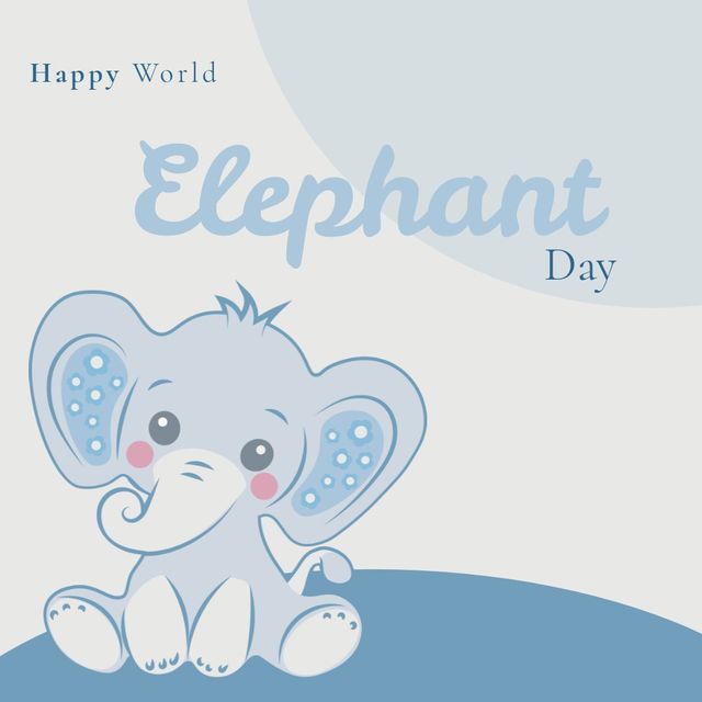 Vector image of cute baby elephant with happy world elephant day text, copy space. Illustration, awareness, animal, wildlife, preservation and protection of elephants concept.