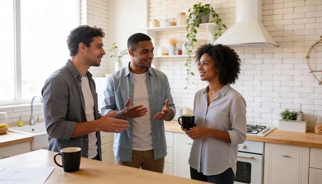 Young friends chatting over coffee while holding mugs in bright modern farmhouse kitchen