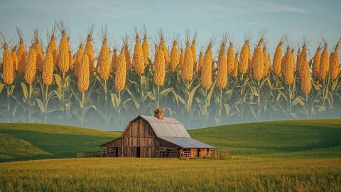 Rustic barn with cornfield panorama in nebraska countryside
