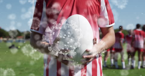 Rugby Players on Field with Overlay of Virus Graphics