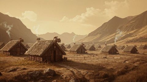 Rustic viking village with thatched roof huts and dragon finials