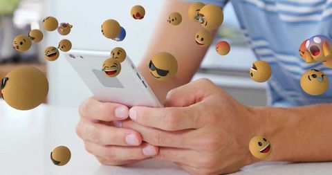 Person engaged with smartphone and floating 3d emojis