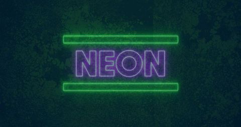 Pulsing purple neon text with glowing green bars on mottled dark grunge background