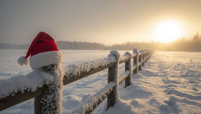 Santa hat on snowy split-rail fence at golden sunrise over frozen field - christmas