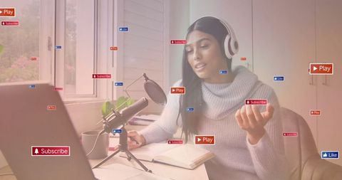 Content creator podcasting with laptop microphone and icons displaying