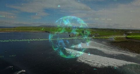 Digital Globe Hologram Overlaying Coastal Shorescape