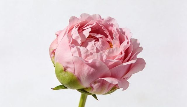 Blooming Pink Peony Closeup Showing Layered Ruffled Petals and Green Calyx on White