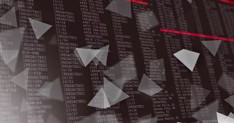 Redacted data display with geometric overlay and red alert line for cybersecurity concept