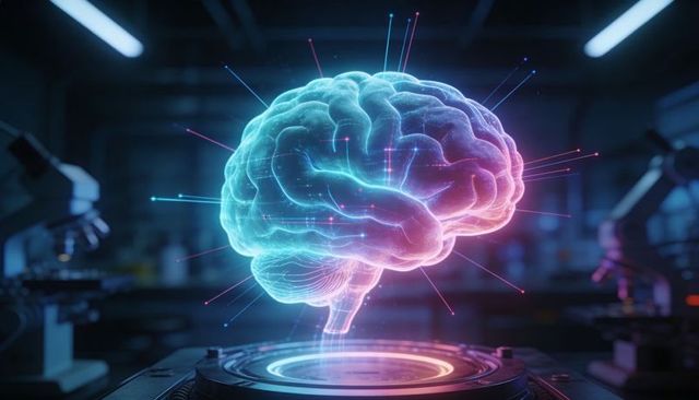 Floating Holographic Brain Projecting Neural Signals Above Platform Neon Tech Interface