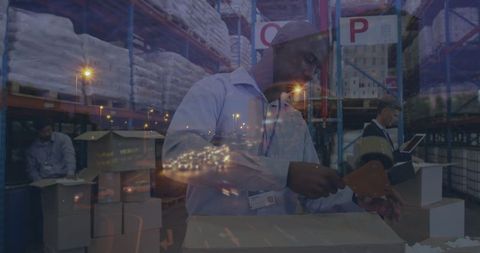 Night Road Overlay on Diverse Workers in Warehouse Logistics