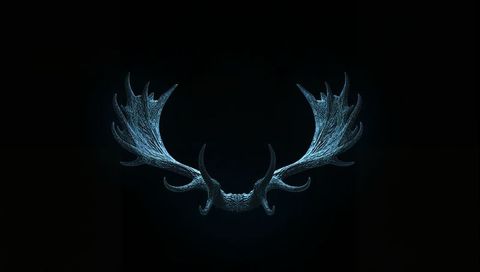 Floating ornate palmated antlers glowing with cyan rim light, suspended in dark minimal void