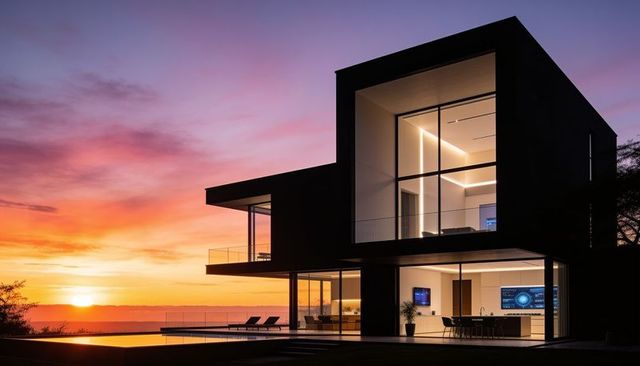 Sunset coast cantilever villa with infinity pool and panoramic glass facades