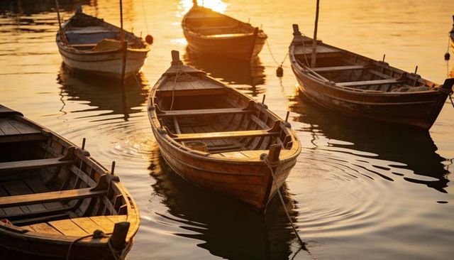 Wooden rowboats floating at golden hour with reflective water, mooring ropes and ripples