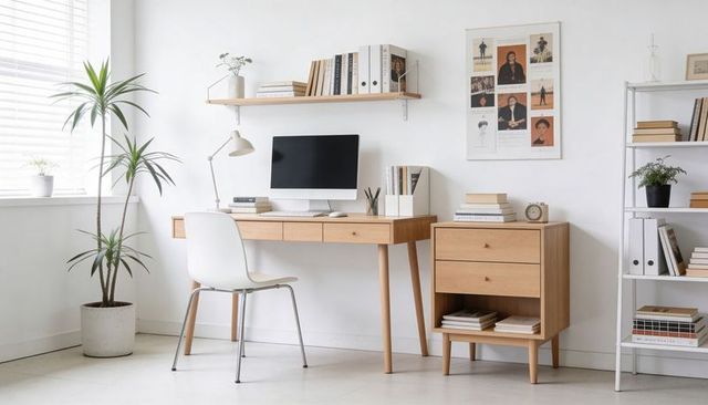 Minimal scandinavian home office with light wood desk, widescreen monitor and indoor plants