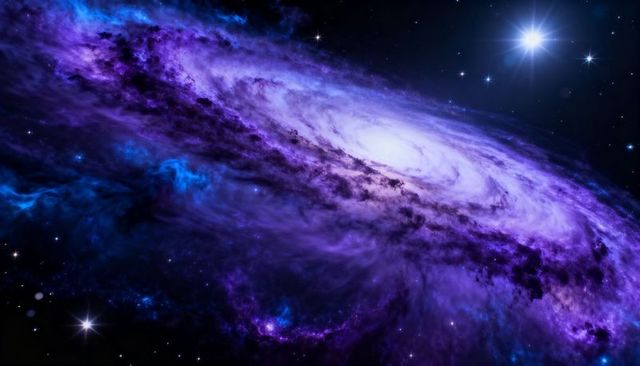 Glowing Tilted Purple Spiral Galaxy with Bright Core, Nebula Arms and Luminous Starfield