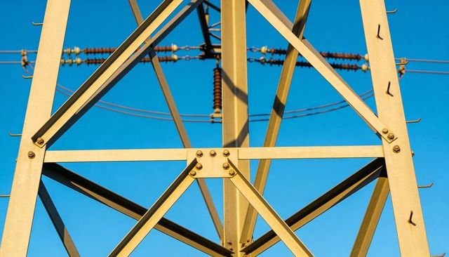 Revealing transmission tower lattice with bolted steel truss against blue sky