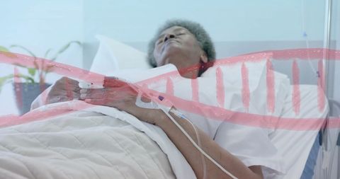 Elderly Patient Resting in Hospital Bed with DNA Strand Overlay