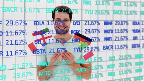 Financial Analyst Holding International Flags with Data Overlay
