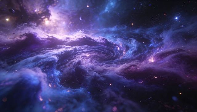 Swirling Purple Spiral Nebula Emitting Glowing Core with Stellar Dust and Cosmic Clouds