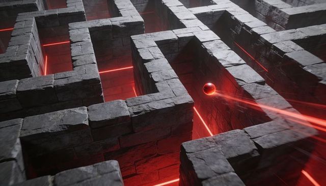 Rolling reflective red sphere traversing neon-lit stone labyrinth with laser trails