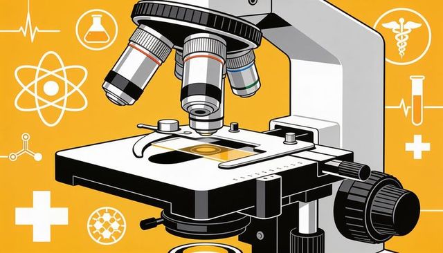 Microscope showing rotating objective lenses and mounted slide on orange lab backdrop