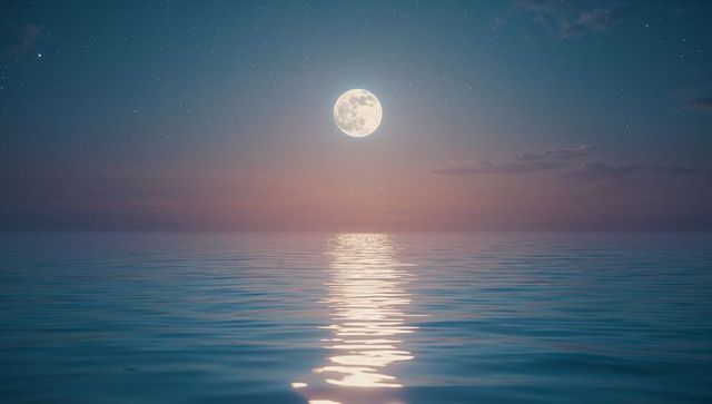 Full Moon Casting Reflection Over Serene Ocean at Dusk