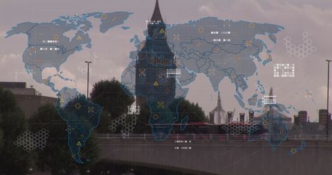 Global Networking Overlay with City Skyline and Iconic Landmark