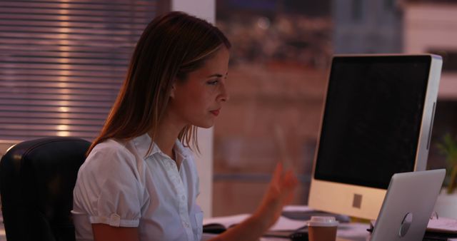 Focused businesswoman working late at night in modern office - Download Free Stock Images Pikwizard.com